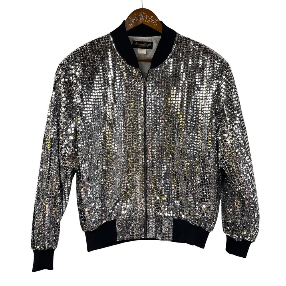 Silver Sequin Bomber Jacket Disco Party Vintage XL Monaliza Full Zip